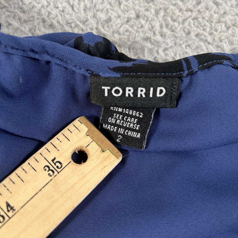 Torrid Shirt Womens 2 Blue Black Floral Sheer Long Sleeve Split Back Blouse - Picture 4 of 16